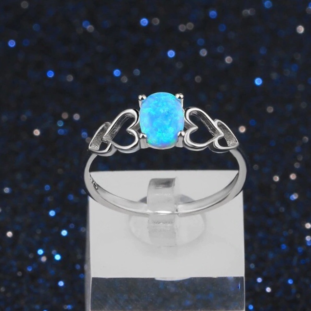 SOLD OUT — 925 Silver Blue Opal and Hearts Ring - Picture 3 of 8